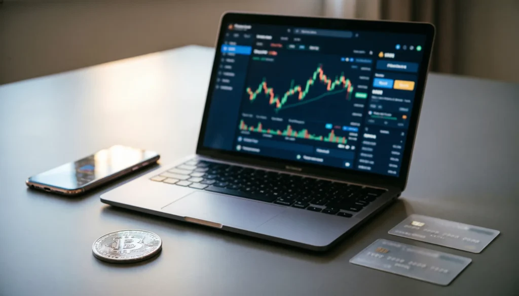 انفوجرافيك تعليمي بعنوان 'كيفية شراء العملات الرقمية - دليل المبتدئين'، يتضمن 5 خطوات أساسية: 1. اختيار منصة تداول موثوقة، 2. إنشاء حساب وتفعيله، 3. إيداع الأموال، 4. اختيار العملة الرقمية (مثل بيتكوين أو إيثيريوم)، 5. تنفيذ أمر الشراء.