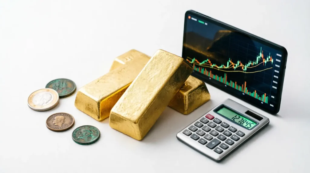 رسم بياني يوضح صعود أسعار الذهب، محاطاً بأدوات تحليل فني ورسوم بيانية للشاشات (2026)، مع عبارة "استراتيجيات تداول الذهب للمبتدئين" في المنتصف، تعكس البحث عن استراتيجيات مبتدئين لتداول الذهب في عام 2026. هذا التصميم يسهل فهم استراتيجيات مثل التداول اليومي والتداول المتأرجح للمستثمرين الجدد.