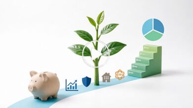 رسم توضيحي يوضح خطوات بناء محفظة استثمارية للمبتدئين من الصفر، تشمل تحديد الأهداف المالية، توزيع الأصول بين أسهم وسندات، التنويع الجغرافي والقطاعي، وإعادة التوازن دورياً لتحقيق أهداف طويلة الأجل