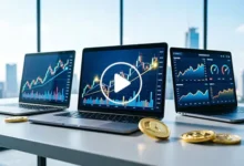 رسم توضيحي لخطوات الاستثمار في الأسهم للمبتدئين: فتح حساب وساطة، تحديد الميزانية، اختيار أسهم مستقرة، تنويع المحفظة، وإدارة المخاطر. يُظهر التصميم نموذجاً لبدء رحلة التداول من خلال التحليل، الشراء، والمتابعة الدورية، بهدف بناء ثروة طويلة الأجل.