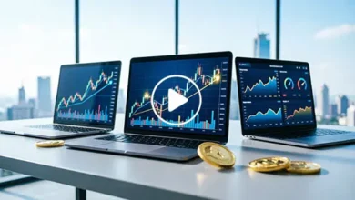 كيفية الاستثمار في الأسهم للمبتدئين رسم توضيحي لخطوات الاستثمار في الأسهم للمبتدئين: فتح حساب وساطة، تحديد الميزانية، اختيار أسهم مستقرة، تنويع المحفظة، وإدارة المخاطر. يُظهر التصميم نموذجاً لبدء رحلة التداول من خلال التحليل، الشراء، والمتابعة الدورية، بهدف بناء ثروة طويلة الأجل.