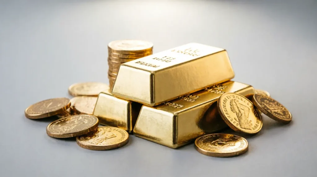 هل الاستثمار في الذهب جيد في عام 2026؟ الاستثمار في الذهب، تظهر سبائك ذهبية، تشير إلى تحليل اقتصادي لعام 2026 حيث يُتوقع أن يظل الذهب استثمارًا استراتيجيًا ومربحًا للتحوط ضد التضخم، مع استمرار شراء البنوك المركزية له، مما يعزز استقراره وقيمته.