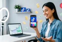 شخص يمسك هاتفاً ذكياً يعرض تطبيق تيك توك مع تأثيرات بصرية للعملات المعدنية، تعبيراً عن طرق كسب المال من TikTok وصناعة المحتوى الرقمي.