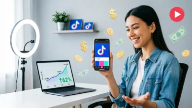 13 طريقة للربح من تيك توك: دليلك الشامل لتحويل المشاهدات إلى أرباح شخص يمسك هاتفاً ذكياً يعرض تطبيق تيك توك مع تأثيرات بصرية للعملات المعدنية، تعبيراً عن طرق كسب المال من TikTok وصناعة المحتوى الرقمي.