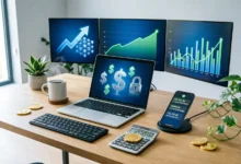 رسم توضيحي بعنوان 'الربح من الإنترنت 2026: طرق سهلة للمبتدئين' مع أيقونات تمثل العملات الرقمية والعمل الحر.