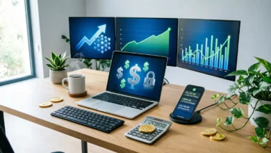 رسم توضيحي بعنوان 'الربح من الإنترنت 2026: طرق سهلة للمبتدئين' مع أيقونات تمثل العملات الرقمية والعمل الحر.