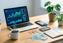 مكتب عمل منزلي حديث مع لابتوب يعرض رسوم بيانية مالية وهاتف ذكي وأموال نقدية ودفتر ملاحظات، يرمز لكسب المال عبر الإنترنت وغير المتصل في 2026