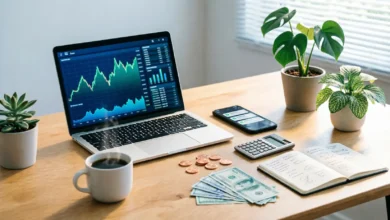 مكتب عمل منزلي حديث مع لابتوب يعرض رسوم بيانية مالية وهاتف ذكي وأموال نقدية ودفتر ملاحظات، يرمز لكسب المال عبر الإنترنت وغير المتصل في 2026