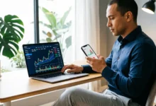 شاشة توضح خطوات الاستثمار في البورصة عبر منصة eToro: تسجيل الحساب، إيداع الأموال، البحث عن الأسهم، وفتح صفقة شراء أو استخدام ميزة نسخ المتداولين (CopyTrading) لبناء محفظة استثمارية