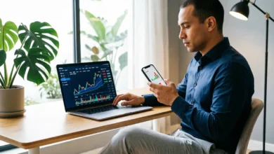 شاشة توضح خطوات الاستثمار في البورصة عبر منصة eToro: تسجيل الحساب، إيداع الأموال، البحث عن الأسهم، وفتح صفقة شراء أو استخدام ميزة نسخ المتداولين (CopyTrading) لبناء محفظة استثمارية