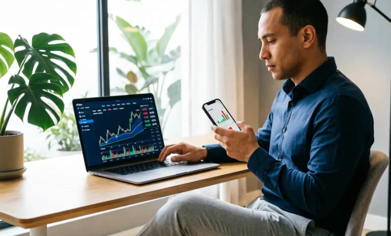 شاشة توضح خطوات الاستثمار في البورصة عبر منصة eToro: تسجيل الحساب، إيداع الأموال، البحث عن الأسهم، وفتح صفقة شراء أو استخدام ميزة نسخ المتداولين (CopyTrading) لبناء محفظة استثمارية