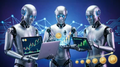 إنفوجرافيك يستعرض قائمة أفضل 10 بوتات تداول بالذكاء الاصطناعي (AI) للعملات الرقمية والأسهم لعام 2026، مصمم خصيصاً للمبتدئين الراغبين في تحقيق دخل سلبي، مع توضيح شعارات المنصات الرائدة ومميزات التداول الآلي الذكي.