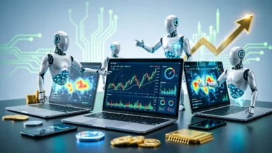 إنفوجرافيك يستعرض أفضل 6 بوتات تداول أسهم بالذكاء الاصطناعي للمبتدئين في عام 2026، تشمل: MoneyFlare للأتمتة الكاملة، Trade Ideas لتحليل السوق، StockHero لسهولة الإعداد، TrendSpider للتحليل الفني، Tickeron للإشارات الذكية، وDanelfin للتحليلات المدعومة بالبيانات.