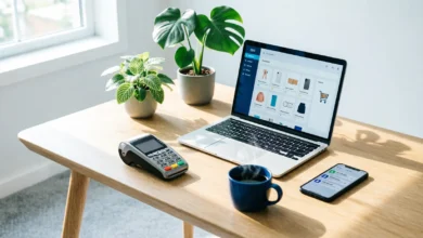 رسم توضيحي لخطوات إنشاء متجر إلكتروني ناجح من الصفر، تشمل اختيار المنصة، عرض المنتجات، وتفعيل الدفع لتحقيق أول بيع اليوم.